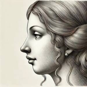 Weibliches Seitenprofil mit zurückspringendem Kinn – trotz gleicher Nase entsteht ein Ungleichgewicht im Gesichtsprofil