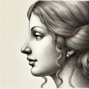 Weibliches Seitenprofil mit flacher Stirn und identischer Nase – durch das schwache Stirnprofil wirkt die Nase betont und größer