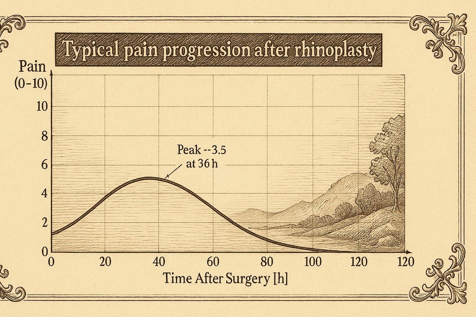 Verlauf typischer Schmerzen nach Nasenoperation – stilisierte Schmerzkurve mit Gipfel nach 36 Stunden, Kupferstich-Darstellung
