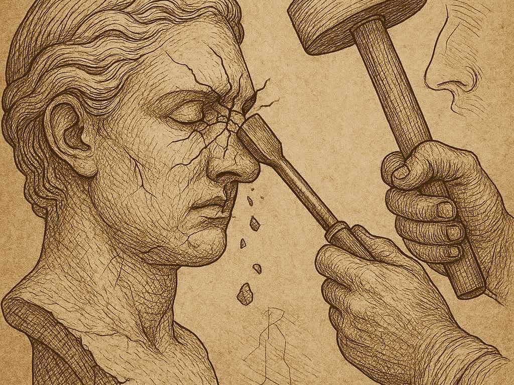 Kupferstichartige Zeichnung im Stil Albrecht Dürers: Eine antike Büste wird mit einem Meißel an der Nase zerstört. Splitter fliegen, Risse durchziehen das Gesicht. Symbolhafte Warnung vor der Reduktionsrhinoplastik.