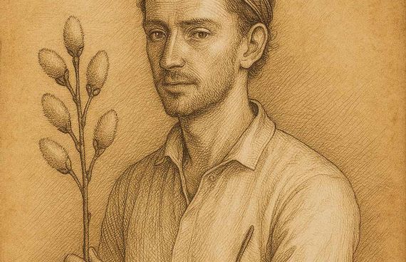 Renaissance-Zeichnung von Dr. Jacob Brügel mit Birkenzweig (Kätzchen) als Symbol für die bestandene Zusatzweiterbildung Allergologie. Sepiafarbener Kupferstichstil nach Albrecht Dürer.