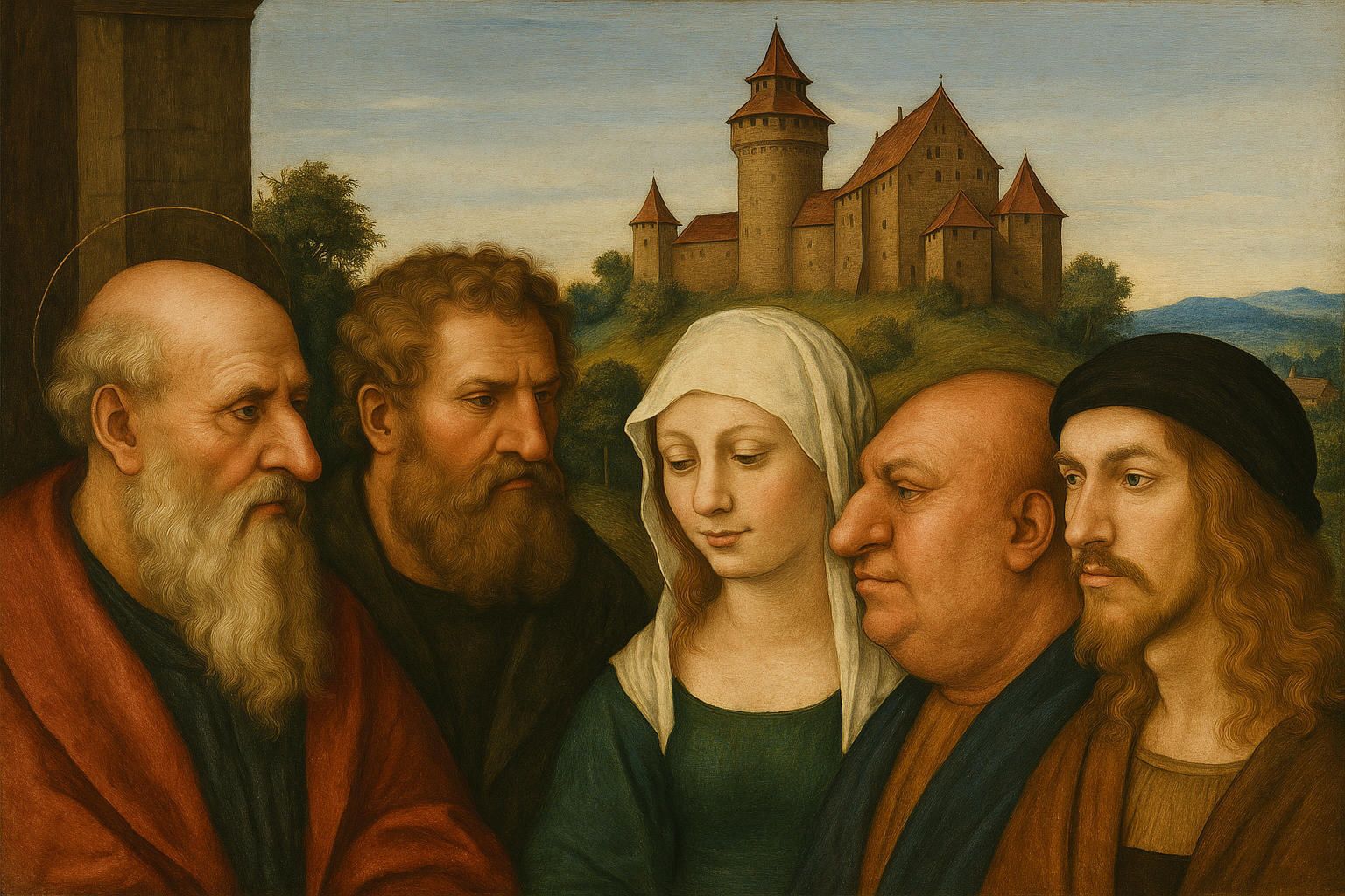 Ölgemälde im Stil der nördlichen Renaissance, inspiriert von Dürers „Anbetung der Könige“: Mehrere Personen mit unterschiedlich breiten Nasen (Knollnase, breiter Nasenrücken, breite Nasenspitze) stehen oder sitzen vor angedeuteter Nürnberger Burg. Die rechte Figur stellt fiktiv Dr. Brügel dar – dezent integriert