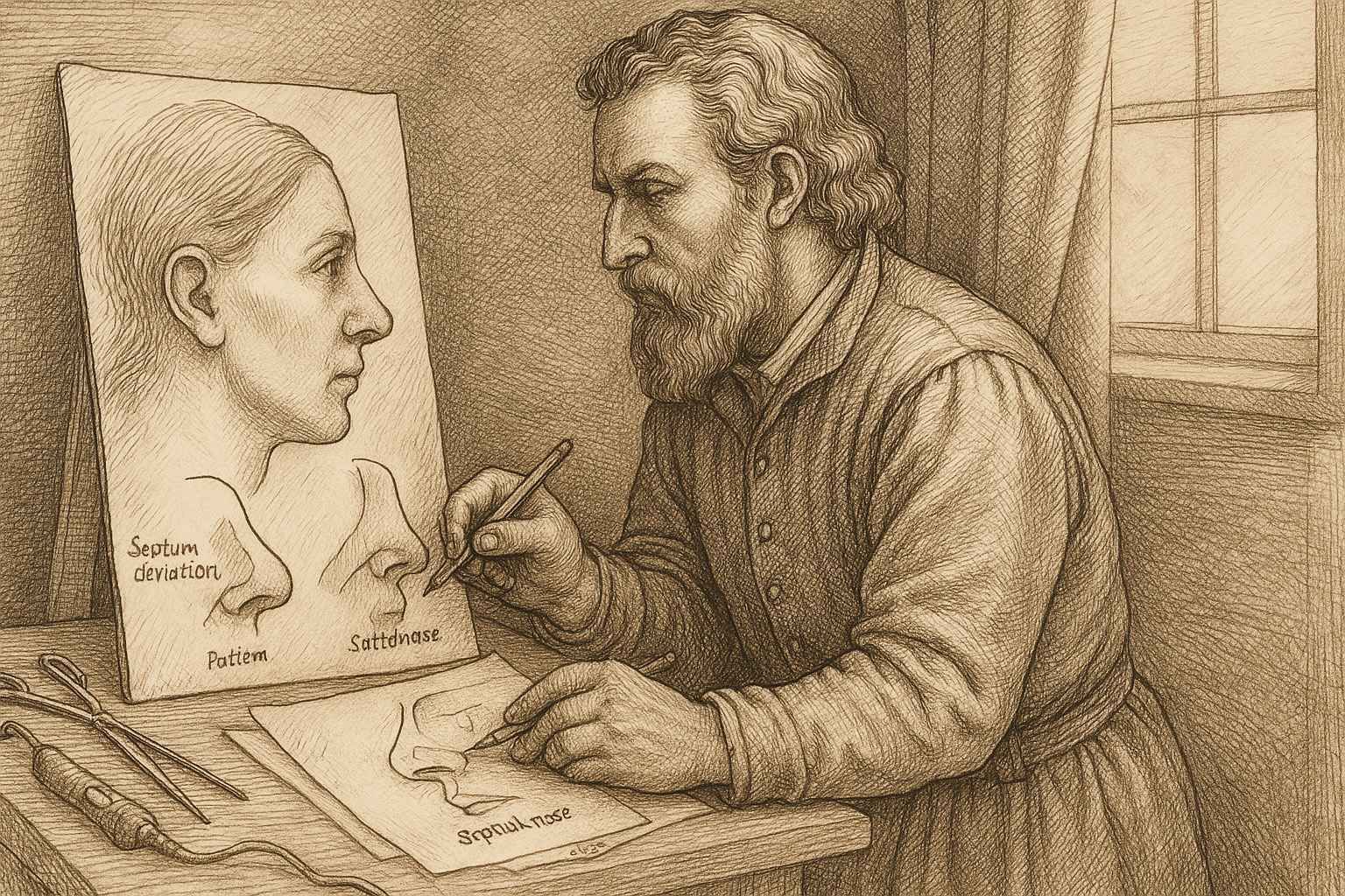 Illustration eines erfahrenen Nasenchirurgen, der in einem antik anmutenden Skizzenbuch Nasenformen analysiert – Symbol für Verantwortung und Expertise bei Nasennachkorrekturen