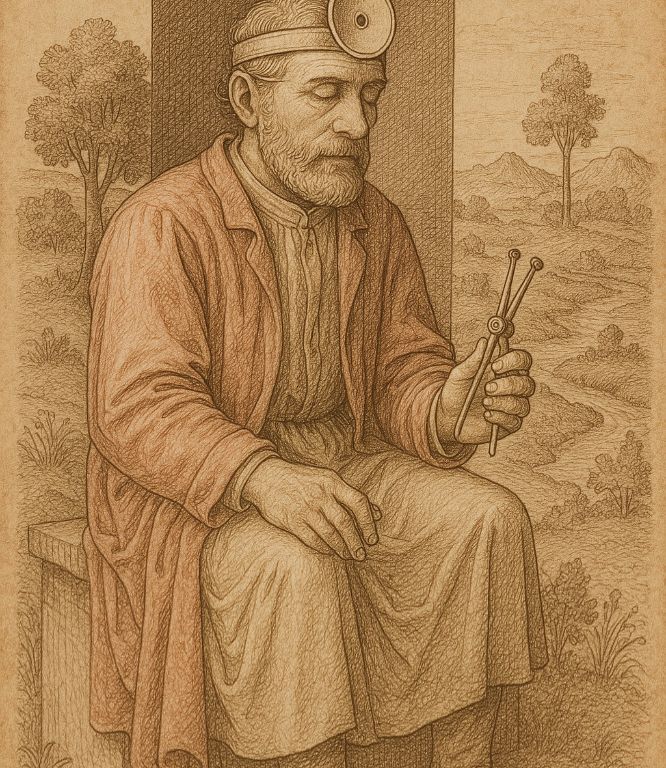 Arzt sitzt ruhig in einer sanften Landschaft – symbolisches Kupferstichbild zur natürlichen Heilung ohne Eingriff