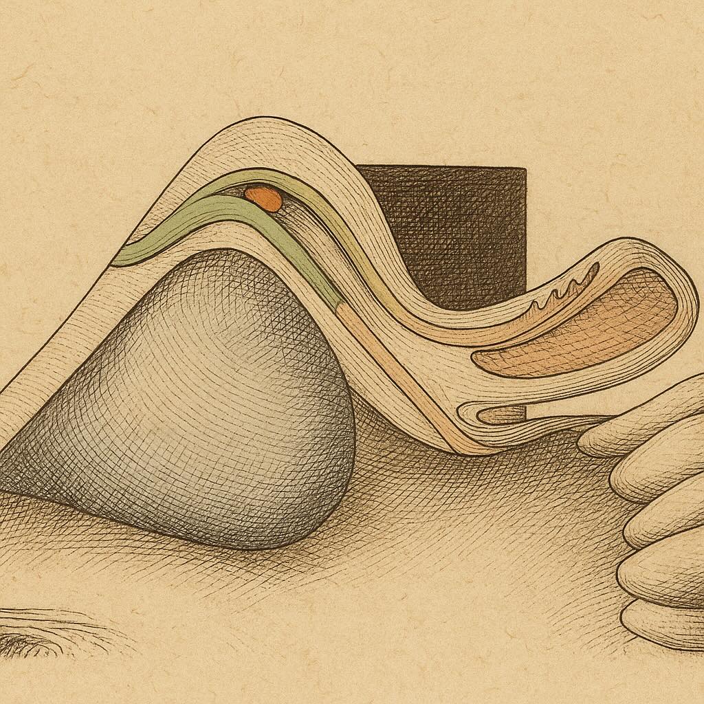 Anatomische Illustration der Nasenspitze, die Bandstrukturen: Pitanguy-ligament grün und gelb, Interdomales Ligament orange