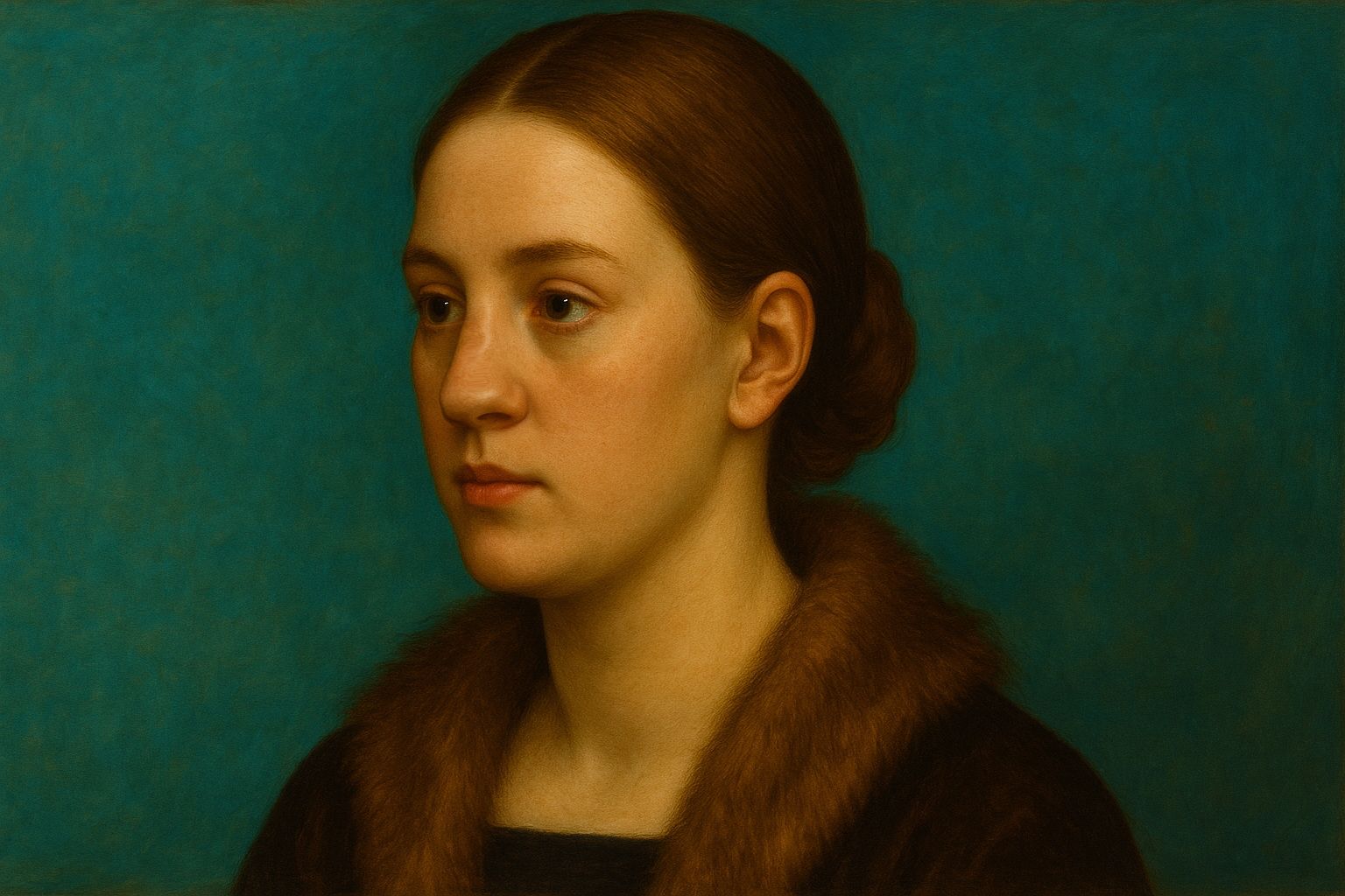 Ölporträt einer jungen Frau mit deutlich verbreiterter Nasenbasis (Breitnase), inspiriert vom Stil Albrecht Dürers. Die breite Alarregion ist frontal sichtbar, der türkisfarbene Hintergrund erinnert an das Porträt Jakob Muffel (1526).