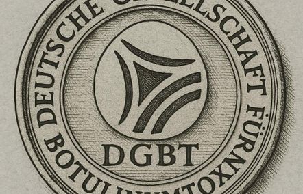 Kupferstich-artiges Siegel der Deutschen Gesellschaft für ästhetische Botulinumtoxin-Therapie (DGBT) mit stilisiertem Emblem auf antikem Hintergrund