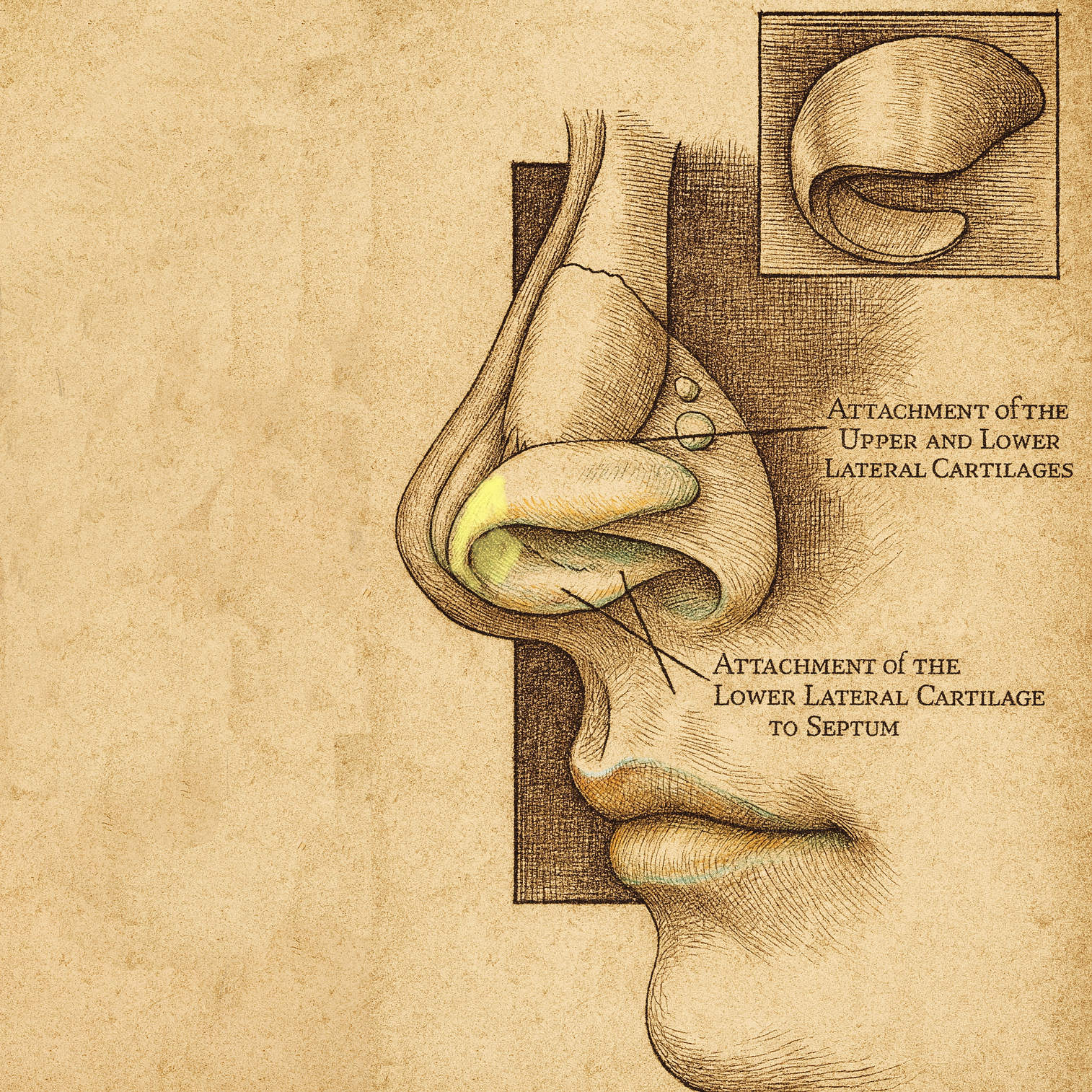 Anatomische Illustration der Nasenspitze, der Dome-Bereich ist farbig goldgelb markiert