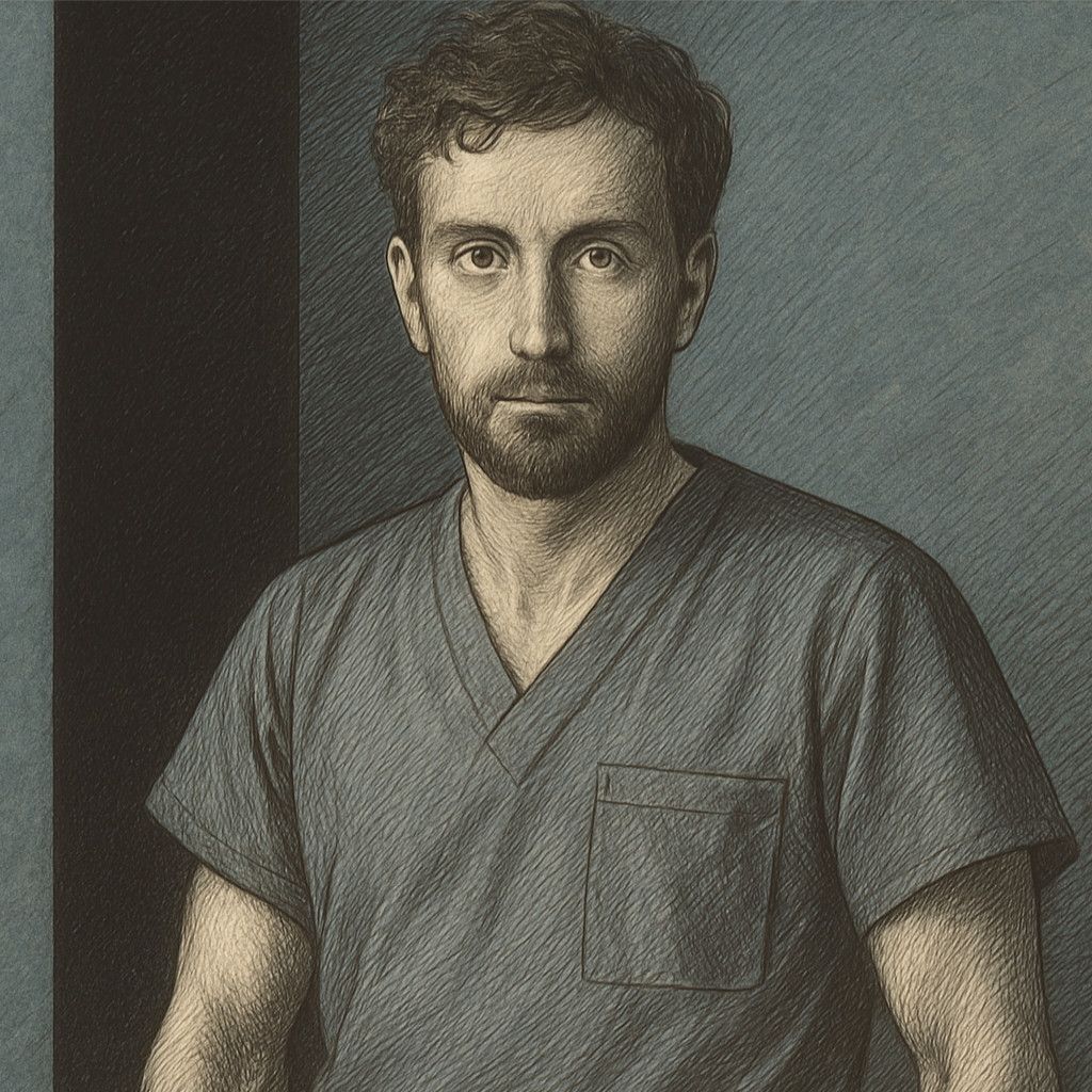 Porträt Dr. Brügels in Dürer-Stil mit OP-Kleidung und direktem Blick auf grau-blauem Papier.