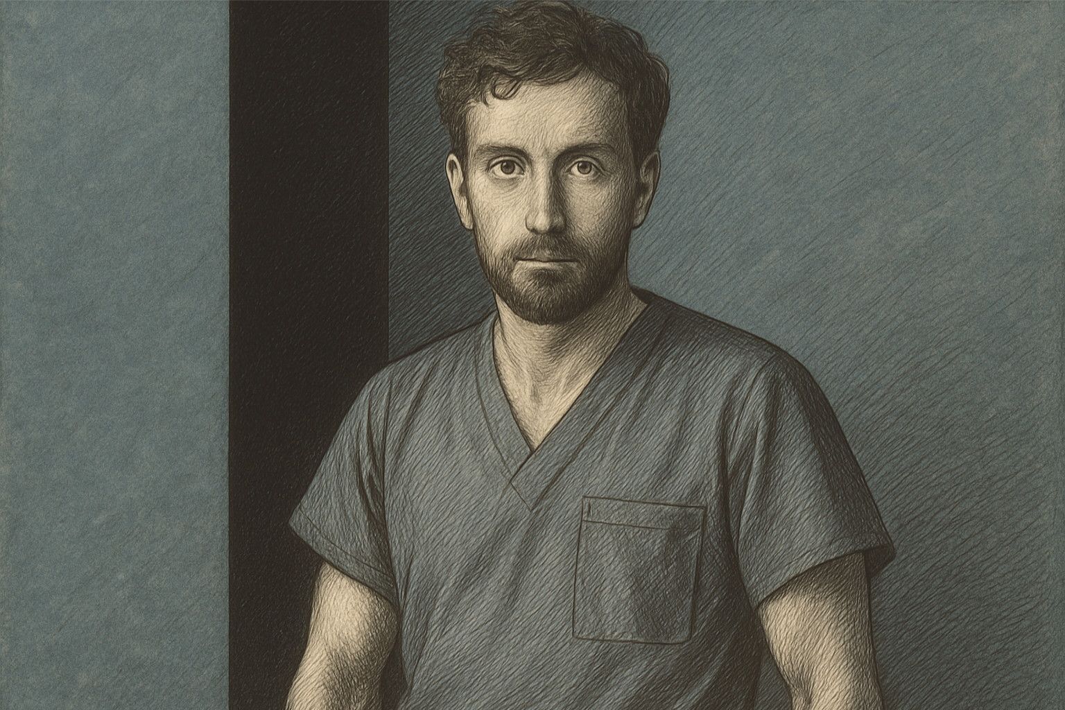 Albrecht-Dürer-inspirierte Zeichnung Dr. Brügels in OP-Kleidung, dargestellt im Stil des Selbstbildnisses als Akt (1503): Der Oberkörper beugt sich dem Betrachter leicht entgegen, das Gesicht ist durch feine Schraffuren und weiße Kreidehöhen lebendig modelliert, Hintergrund in typisch grau-blauer Tönung mit schwarzem Schattenblock.