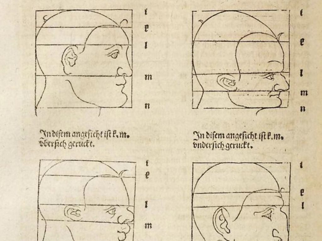 Illustration im Stil Dürers: Veränderung des Gesichtsprofils bei unterschiedlichen Ausprägungen des mittleren Drittels (Nase) – aus den Vier Büchern von menschlicher Proportion