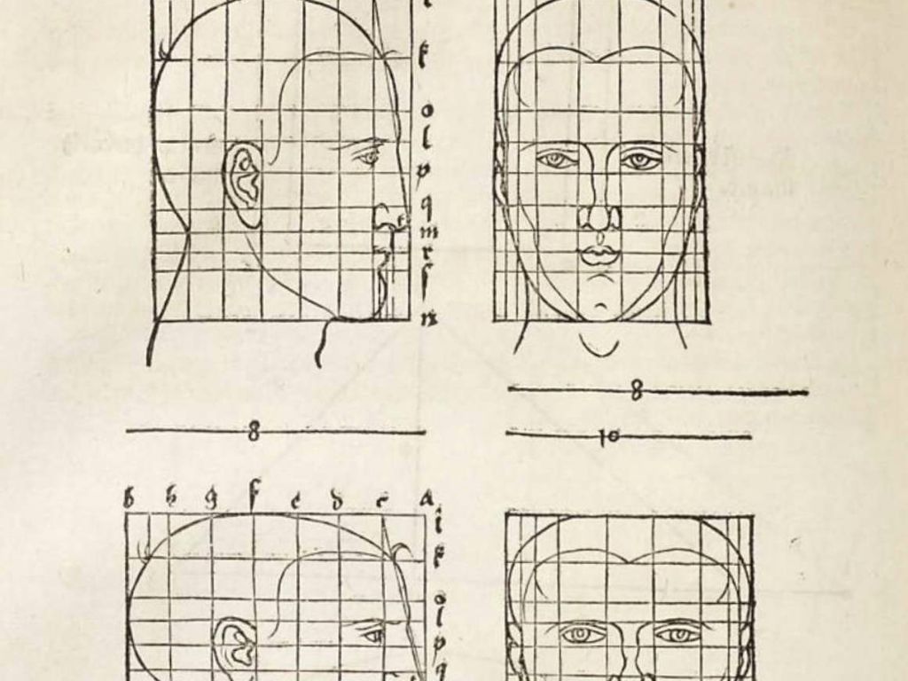 Dürers Raster zur Gesichtsproportion mit Linien zur horizontalen und vertikalen Einteilung