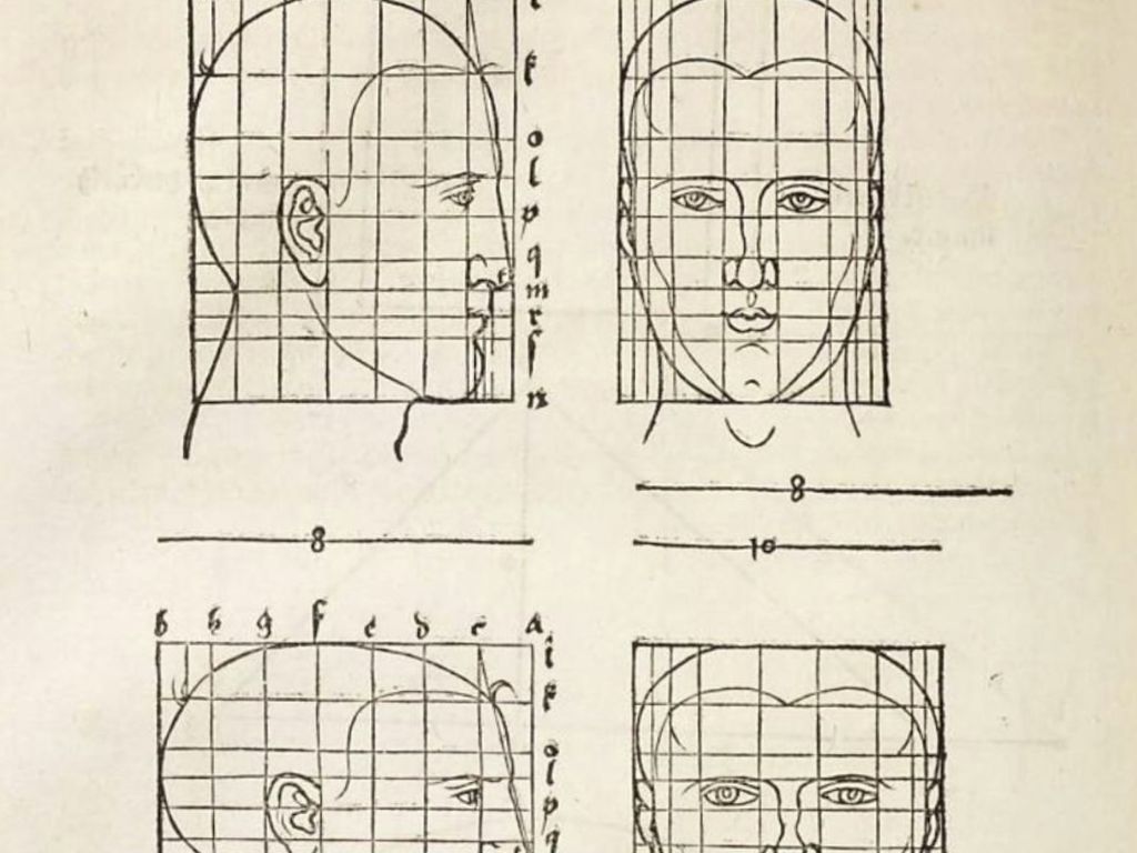 Historisches Proportionsraster nach Albrecht Dürer mit vertikalen und horizontalen Linien zur Vermessung des Gesichts – Renaissance-Darstellung ästhetischer Harmonie