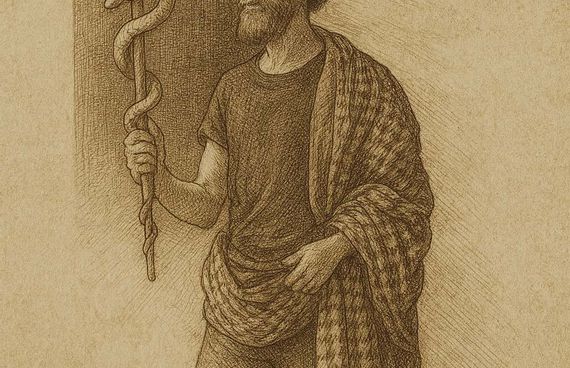 Ich bin in Renaissance-Stil als barfüßiger Mann am Strand dargestellt. In meiner rechten Hand halte ich den Äskulapstab – Symbol meiner bestandenen Facharztprüfung. Ich trage eine locker drapierte Tunika mit Hahnentrittmuster über einem T-Shirt und Jeans. Die Zeichnung ist in feiner Sepiatinte auf pergamentfarbenem Grund gehalten, inspiriert von Albrecht Dürer.