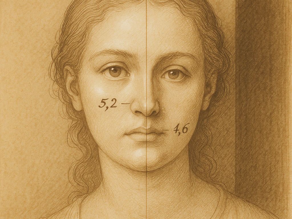 🖼️ Bildvorgabe: Gesichtsasymmetrie – klassisch illustriert 🎨 Stil: • Renaissance-Federzeichnung im Stil Albrecht Dürers (siehe Referenzbild oben) • Fein laviert mit zarten Sepia- und Camille-Tönen • Lichtreflexe in Weiß gehöht (v. a. Stirn, Nase, Wange) • Hintergrund: vertikaler Schattenbalken (tiefschwarz oder Camille), wie laviert 🧑 Motiv: • Attraktive junge Frau in Frontalansicht (leicht zur Seite blickend, wie bei klassischen Porträts) • Harmonisches Gesicht, aber mit dezenter Gesichtsasymmetrie, z. B.: • Rechter Jochbogen höher und stärker ausgeprägt • Kiefer leicht zur linken Seite versetzt • Nasenachse wirkt leicht nach rechts geneigt, obwohl das Septum gerade ist 📏 Anatomische Überlagerung: • Eine vertikale Achse (dünn, wie mit Lineal gezeichnet) verläuft gerade durch die Nasenwurzel (Nasion) und die Columella (Nasenspitzensteg) • Diese Achse zeigt, dass linke und rechte Gesichtshälfte unterschiedlich aufgebaut sind ✍️ Messung/Annotation: • Handschriftlich wirkende Zahlenangaben im Stil Dürers (z. B. braune Tinte), mit kurzer Linie von Achse zu: • linkem und rechtem Jochbogen • evtl. Kieferkante • Abstandswerte wie „5,2“ und „4,6“ (fiktiv) – als kleine stilisierte Messnotizen (nicht klinisch, sondern wie ein Skizzenbuch Dürers) 🗂️ Format: • Quadratisch (1:1) • Motiv zentriert, Achse mittig, Messangaben unauffällig, aber lesbar