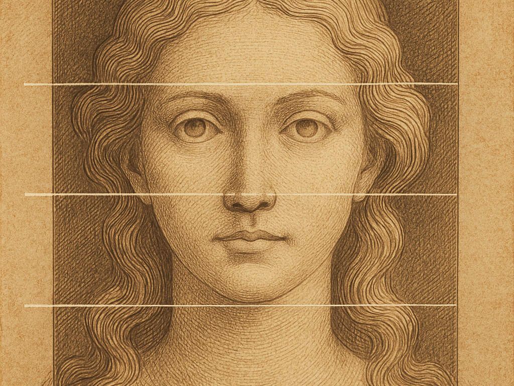 Illustration zur klassischen horizontalen Dreiteilung des Gesichts mit markierten Linien für Stirn, Nase und Kinn – zur Einordnung ästhetischer Proportionen bei Nasenkorrekturen