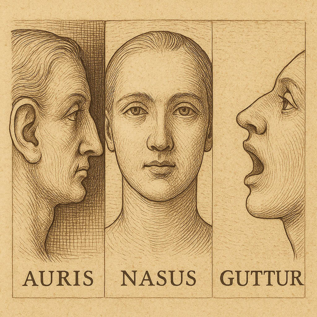 Renaissance-Illustration im Stil Albrecht Dürers: drei Köpfe symbolisieren die Fachgebiete der HNO-Heilkunde – links das Ohr (AURIS) im Profil, mittig die Nase (NASUS) frontal dargestellt, rechts der geöffnete Mund (GUTTUR) bei Phonation; feine Schraffur auf gealtertem Pergamenthintergrund