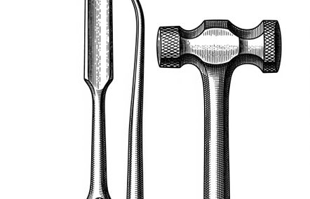 Illustration zeigt Hammer und Meisel, welche bei konventionellen Rhinoplastiktechniken eingesetzt werden