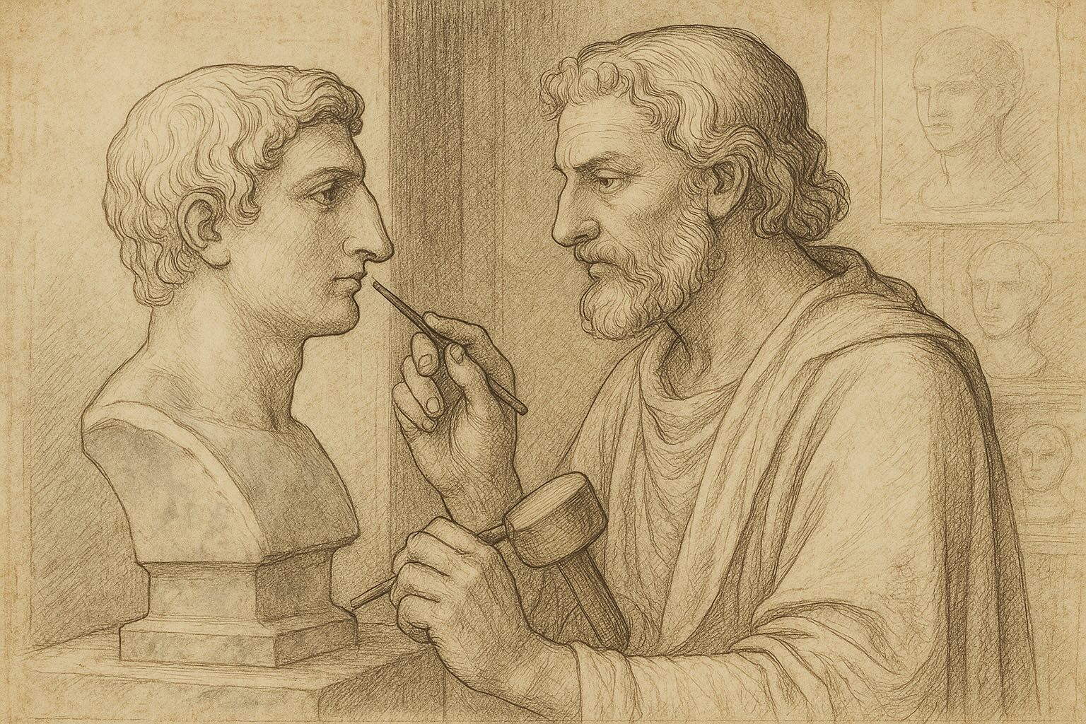 Antiker Bildhauer mit Meißel betrachtet eine Büste mit Höckernase – symbolische Darstellung chirurgischer Planung