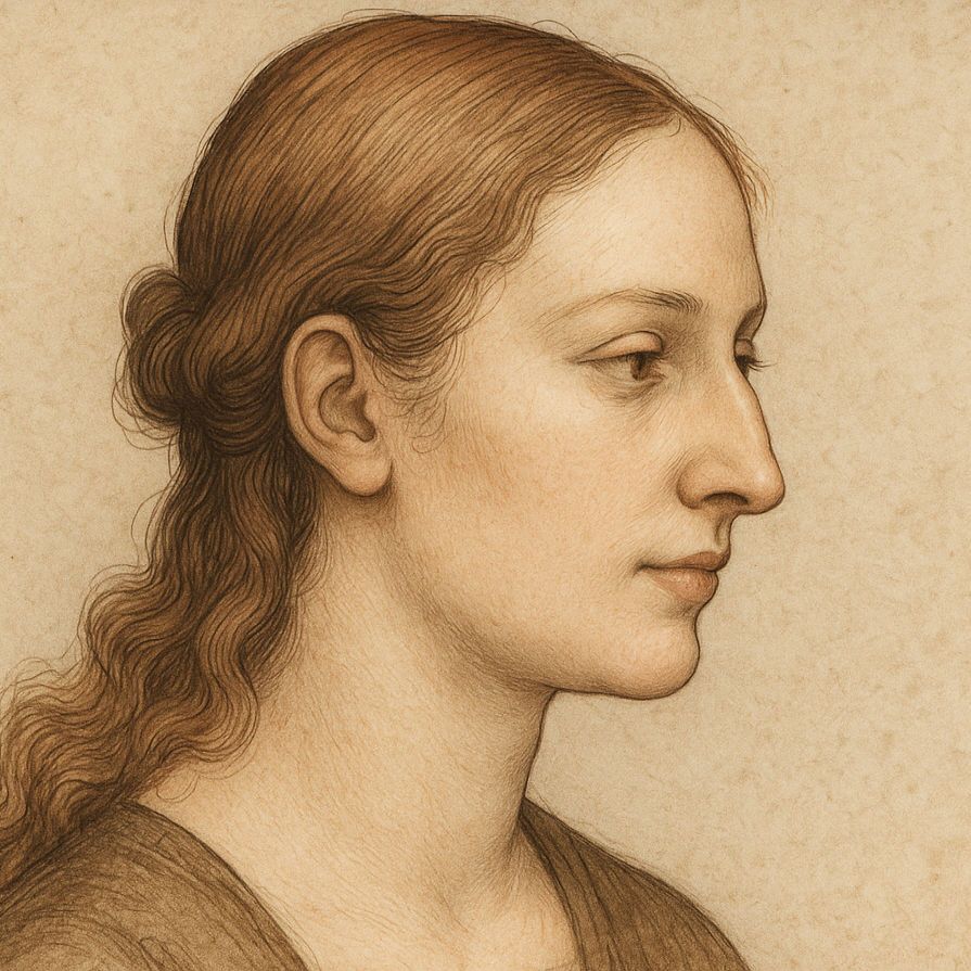 Porträt einer jungen Frau im Halbprofil mit sanfter Höckernase, gezeichnet im Stil Albrecht Dürers – feine Linien, ruhiger Ausdruck, Renaissance-inspiriert