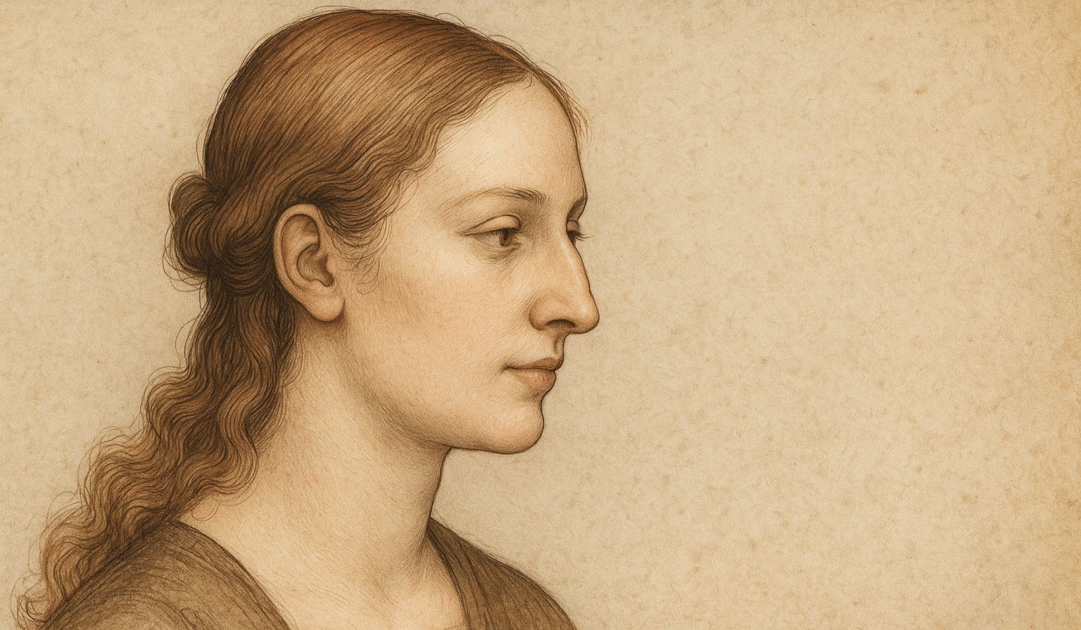 Porträt einer jungen Frau im Halbprofil mit sanfter Höckernase, gezeichnet im Stil Albrecht Dürers – feine Linien, ruhiger Ausdruck, Renaissance-inspiriert