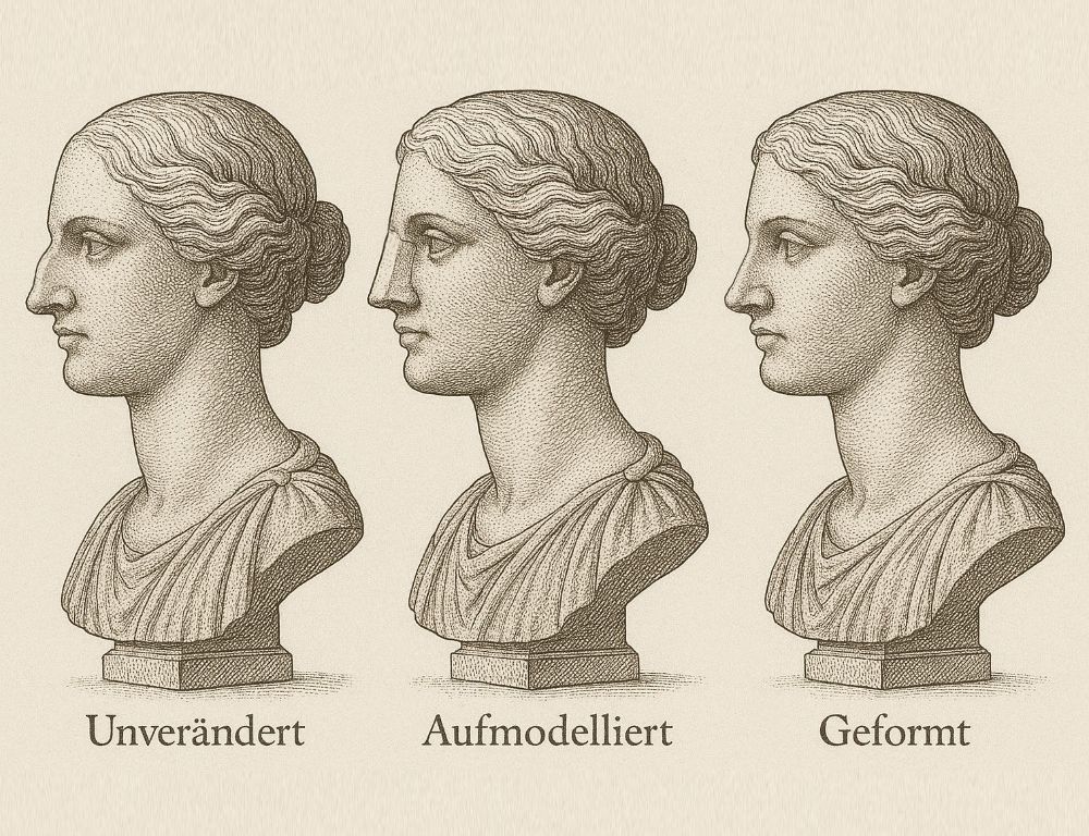 Illustration einer Marmorbüste im Profil: Vergleich der natürlichen Nasenform, einer mit Hyaluron aufmodellierten Radix und eines chirurgisch geglätteten Nasenprofils.