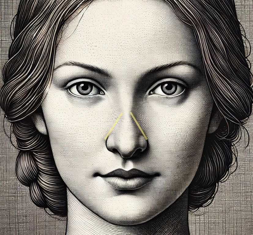 Illustration einer Inverted-V-Deformität der Nase: Eingesunkener knorpeliger Nasenrücken nach unzureichender Rekonstruktion