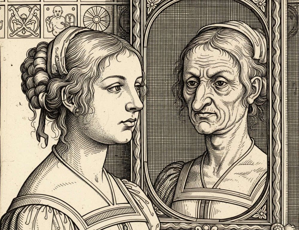 Illustration einer Frau mit gestörtem Körperbild: Ihr Spiegelbild zeigt ein entstelltes Selbstbild.