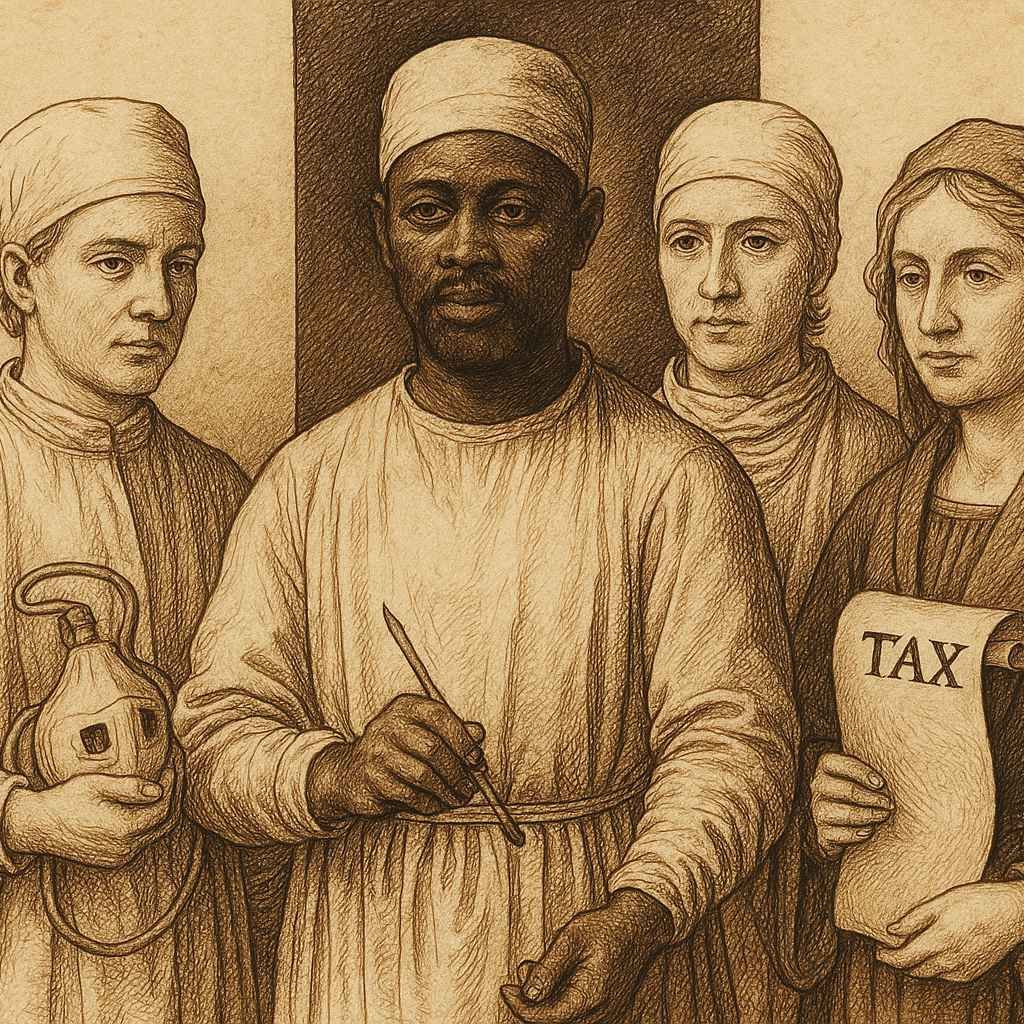 Vier Fachpersonen vor Klinik – Symbol für Kosten einer Nasenkorrektur