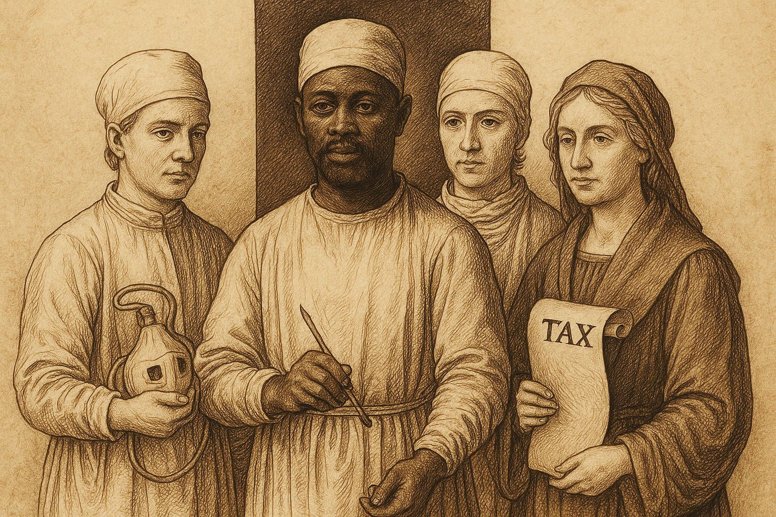 Renaissance-inspirierte Zeichnung mit OP-Team und Steuerbeamtin vor Klinikfassade – symbolische Darstellung der Kosten und Abrechnungsstruktur einer Nasenkorrektur oder Nasennachkorrektur