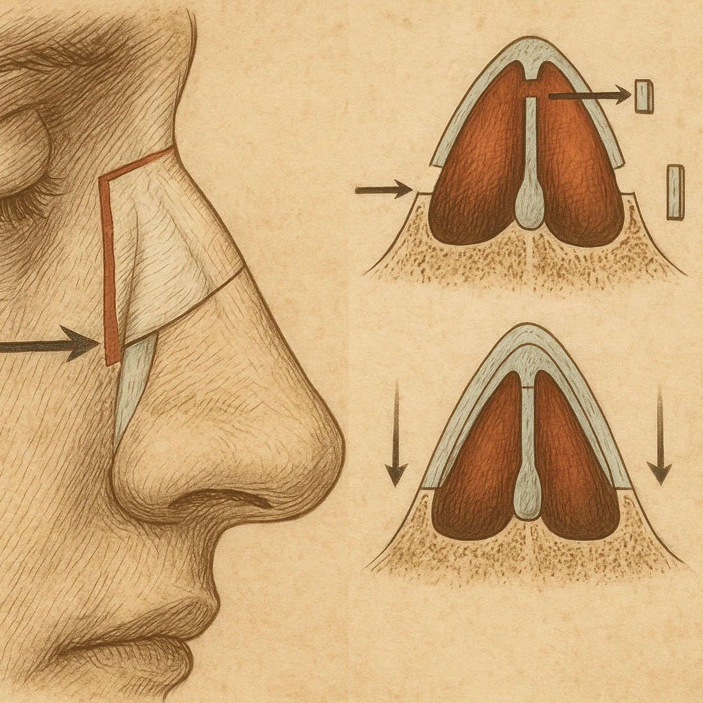 Illustration eines Let-Downs: ein Knochenstreifen wird am Nasenbein entnommen, um den Nasenrücken abzusenken