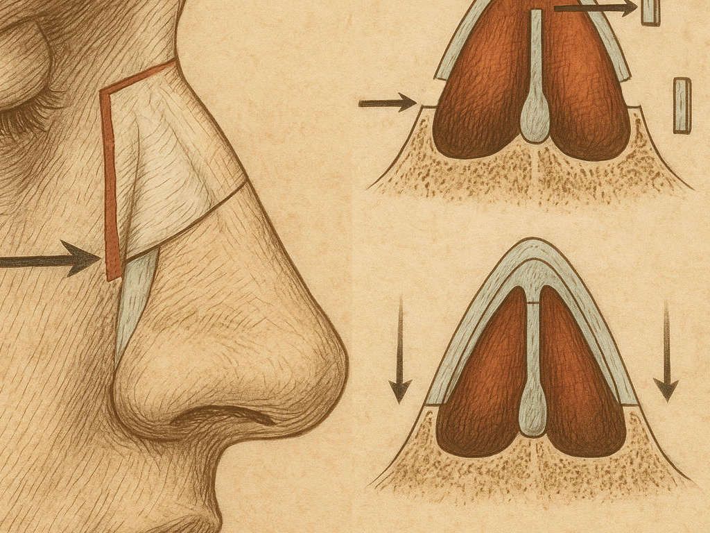 Illustration eines Let-Downs: ein Knochenstreifen wird am Nasenbein entnommen, um den Nasenrücken abzusenken