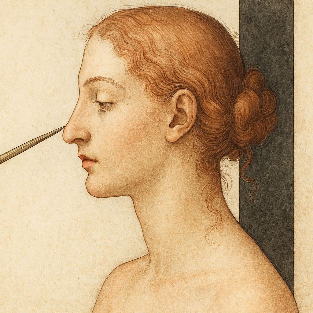 Zeichnung einer schönen Frau im Profil, bei der ein feiner Meißel die leicht überhängende Nasenspitze berührt – symbolische Darstellung einer gezielten Nasenspitzenkorrektur