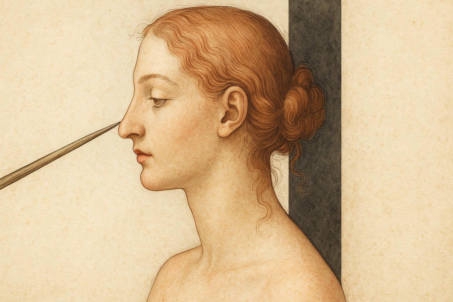 Zeichnung einer schönen Frau im Profil, bei der ein feiner Meißel die leicht überhängende Nasenspitze berührt – symbolische Darstellung einer gezielten Nasenspitzenkorrektur