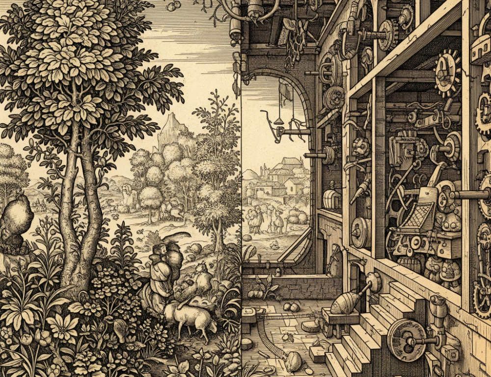 Illustration auf einer Seite die wahre Natur auf der anderen eine Illusion