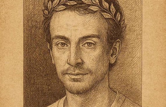 Detailreiche Federzeichnung von Dr. Jacob Brügel im Stil Albrecht Dürers, mit Lorbeerkranz als Symbol der Ernennung zum Oberarzt, auf antikem Pergamenthintergrund – klassische Darstellung mit feinster Kreuzschraffur