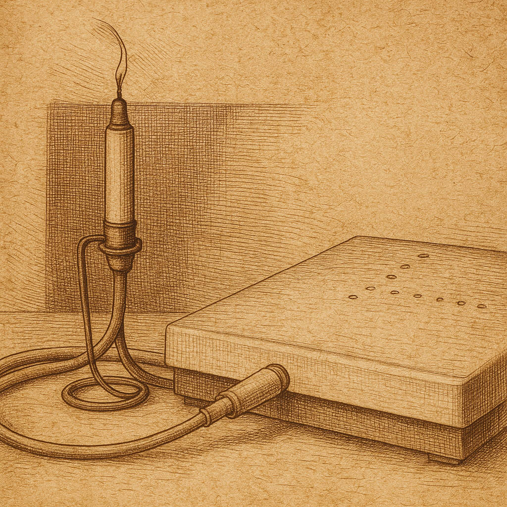 Kupferstichartige Darstellung eines Piezotome-Geräts – Symbolbild für moderne, ultraschallbasierte Nasenchirurgie bei Dr. Jacob Brügel, Nürnberg