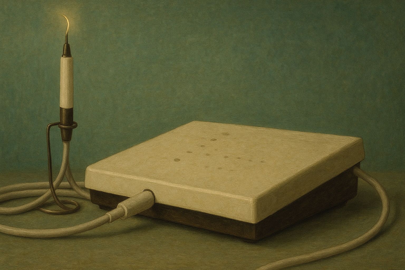 Renaissance-inspirierte Darstellung eines modernen piezochirurgischen Geräts für die sanfte Nasenkorrektur – das Piezotome auf gemaltem Hintergrund in Grüntönen, symbolisch für moderne Technik und Präzision in der Nasenchirurgie