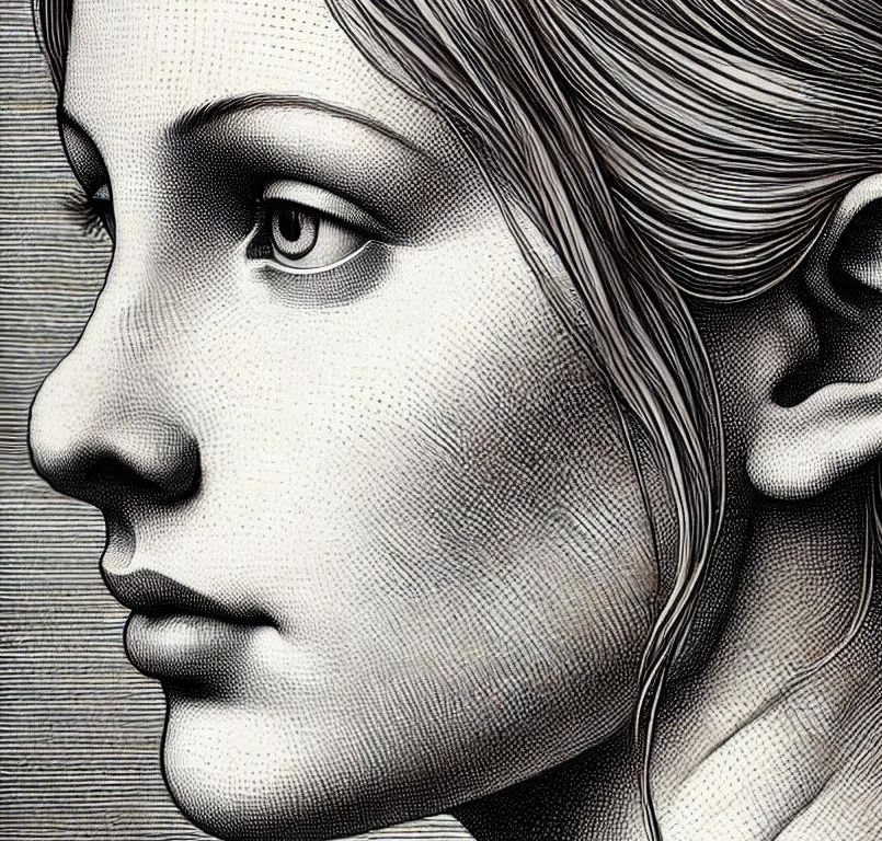 Illustration einer Frau mit charakteristischer Papageienschnabel-Deformität nach Nasenoperation: Konvexer Supratip und tiefliegende Nasenspitze