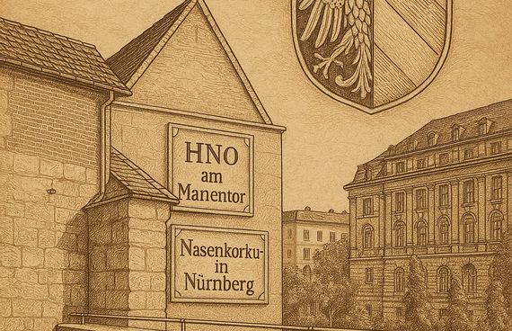 Renaissance-Federzeichnung des Praxisgebäudes von HNO am Marientor in Nürnberg, im Stil Albrecht Dürers, mit auf der Fassade angebrachten Schildern ‚HNO am Marientor‘ und ‚Nasenkorrektur in Nürnberg‘ sowie dem historischen Wappen der Stadt Nürnberg im Hintergrund – in feiner Sepia-Schraffur auf antikem Pergamenthintergrund.