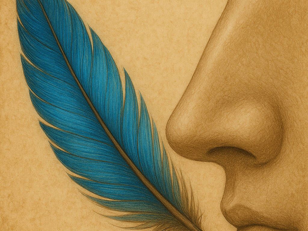 Blaue Feder berührt sanft eine Nase – Symbol für Preservation-Rhinoplastik.