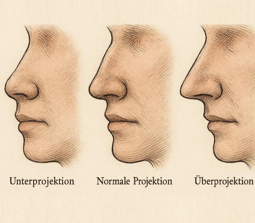 Drei gezeichnete Nasen im Profil zur Darstellung der Projektion – unter-, normal- und überprojiziert
