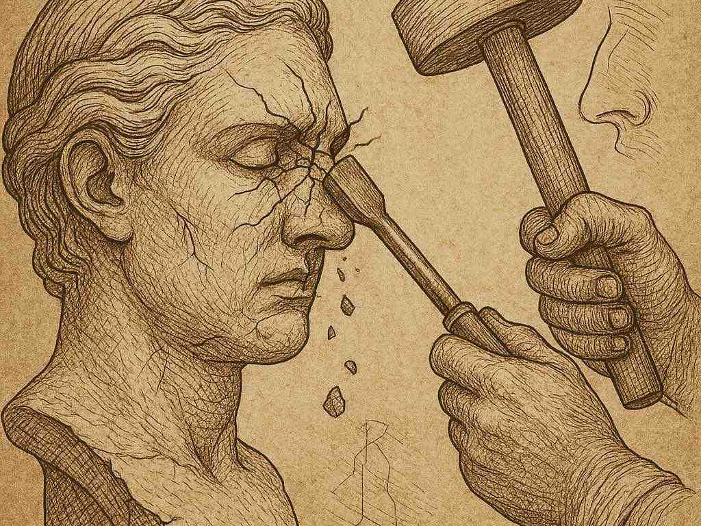 Zerstörte Nase durch Meißel – Warnbild Reduktionsrhinoplastik