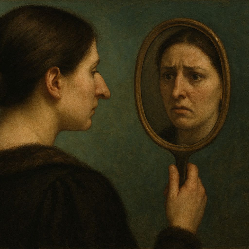 Symbolische Darstellung misslungener Nasen-OP – Frau mit Höckernase blickt entsetzt in den Spiegel