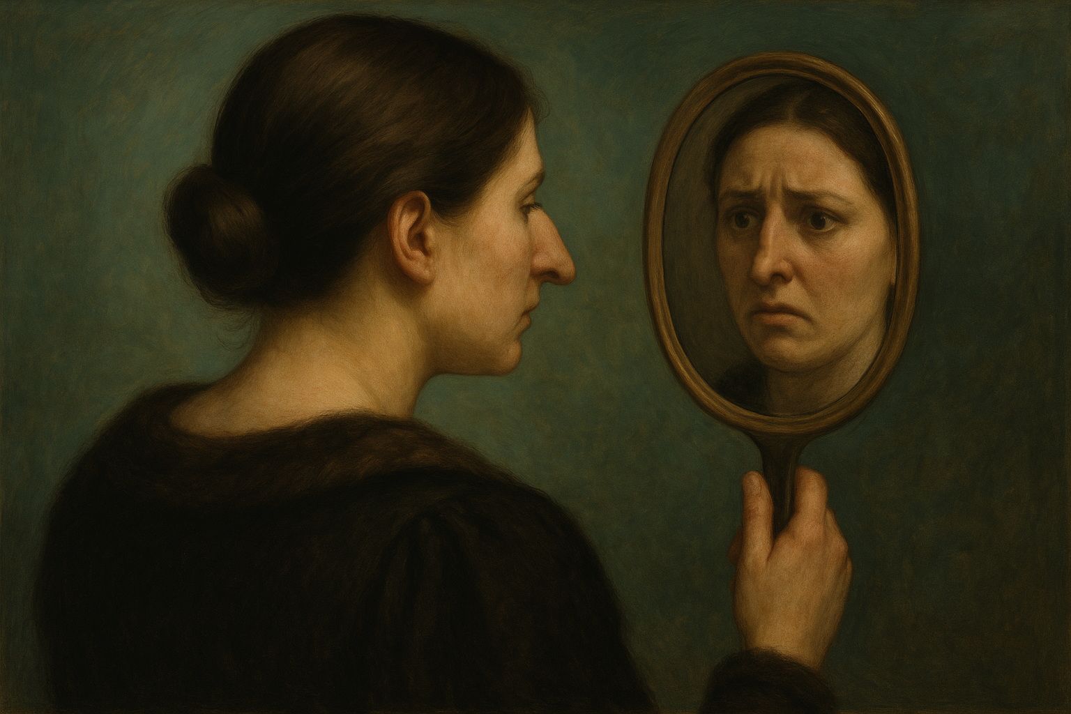 Renaissance-inspirierte Darstellung einer Frau mit Höckernase vor der Nasenoperation – sie blickt in einen Handspiegel und erkennt entsetzt das unzufriedenstellende Ergebnis einer misslungenen Nasenkorrektur. Symbolbild für den Bedarf einer Nasennachkorrektur