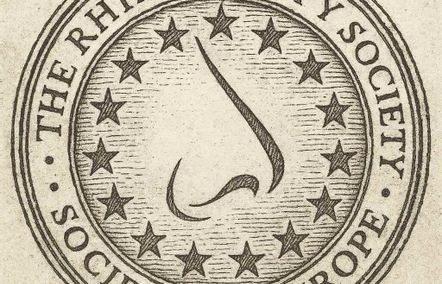 Historisierendes Siegel der Rhinoplasty Society of Europe mit stilisierter Nasenkontur und Sternenkranz im Stil einer Renaissancezeichnung