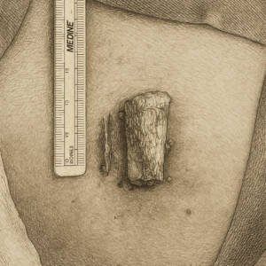 Medizinische Illustration einer Rippenknorpelentnahme: 2 cm langer Hautschnitt unterhalb des Brustmuskels, entnommener 3 cm langer Rippenknorpelspan mit Skalpell und Lineal – häufige Technik bei komplexen Nasennachkorrekturen.