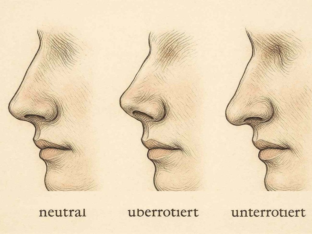 Drei Nasen im Profil zur Erklärung von Rotation – neutral, überrotierte und unterrotierte Nasenspitze