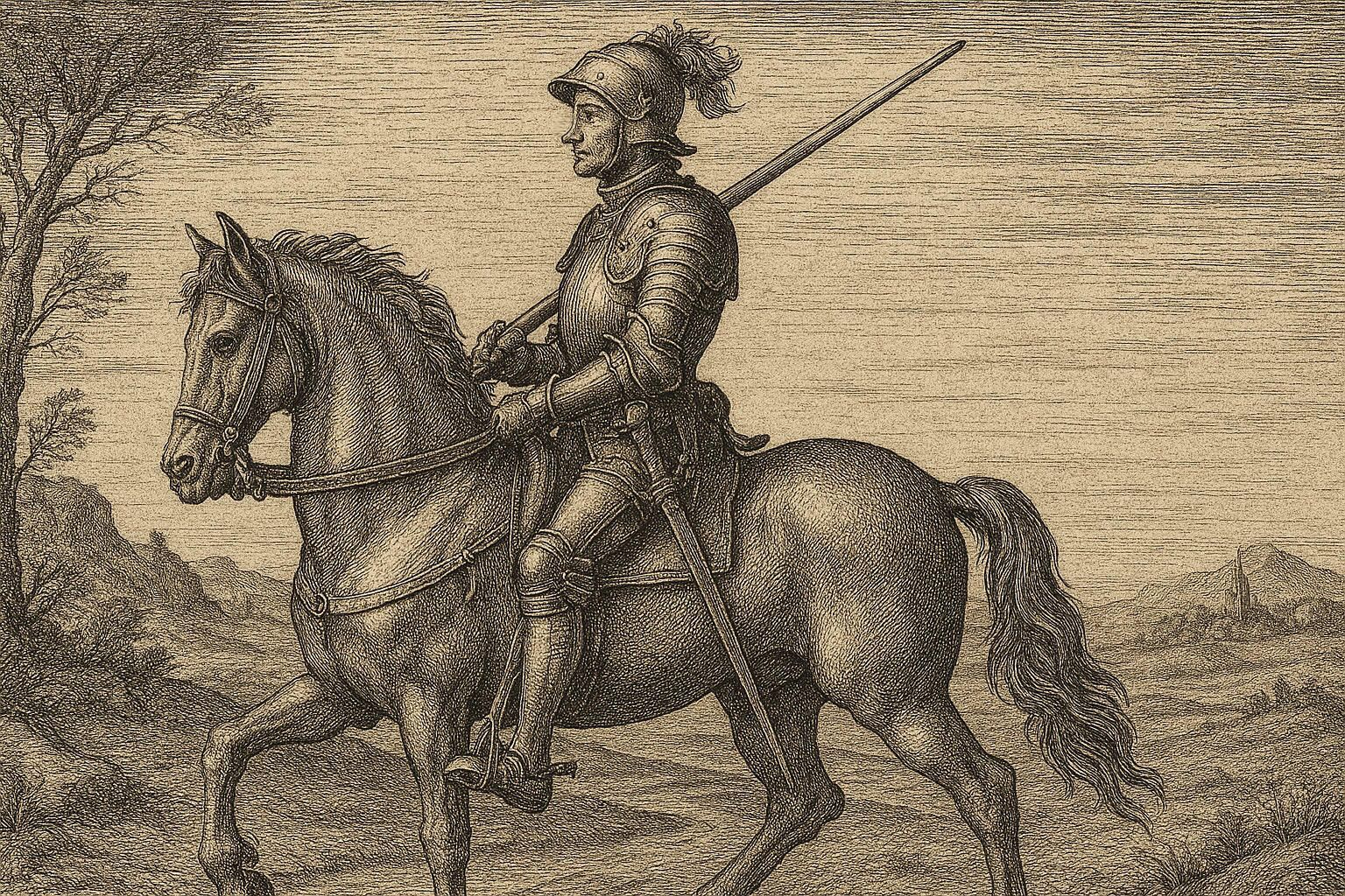 Ritter auf einem Pferd in einer historischen Kupferstich-Illustration, inspiriert von Dürer. Die Sattelnase des Reiters ist im Profil gut erkennbar – Symbol für den Einbruch des Nasenrückens.