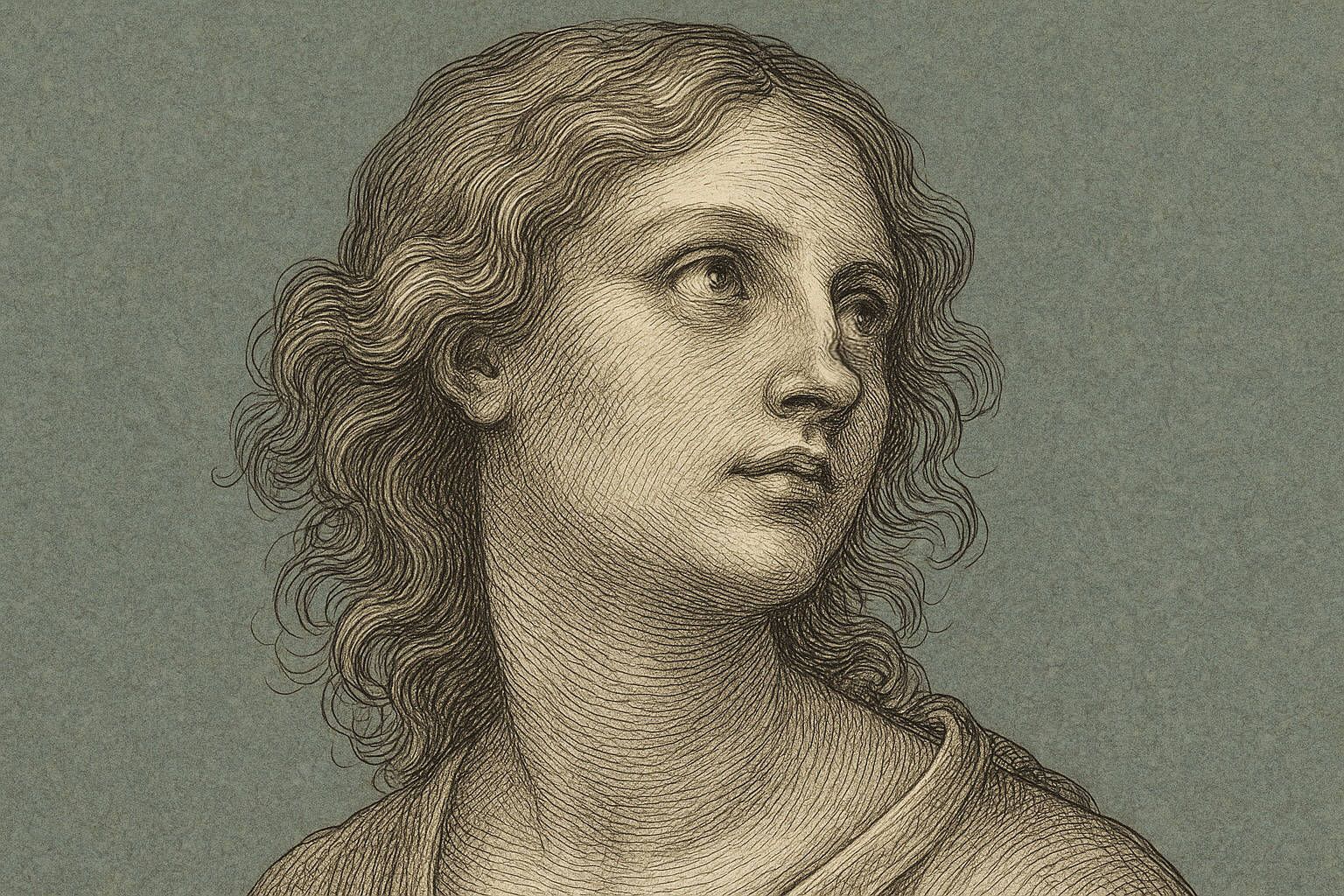 Medizinisch inspirierte Renaissance-Federzeichnung einer jungen Frau mit deutlich erkennbarer Sattelnase: Der Nasenrücken erscheint im mittleren Drittel abgesenkt. Die Zeichnung erinnert an Albrecht Dürers Stil, ausgeführt mit feiner Schwarzschraffur auf türkisgrünem Papier.